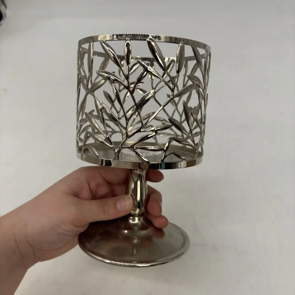 Bath & Body Works Vine Leaf Pattern Silver 3-Wick Pedestal Candle Holder